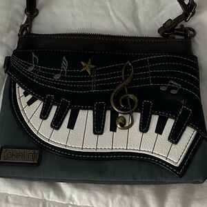 Chala Piano Applique Crossbody Bag in Black, White & Brown